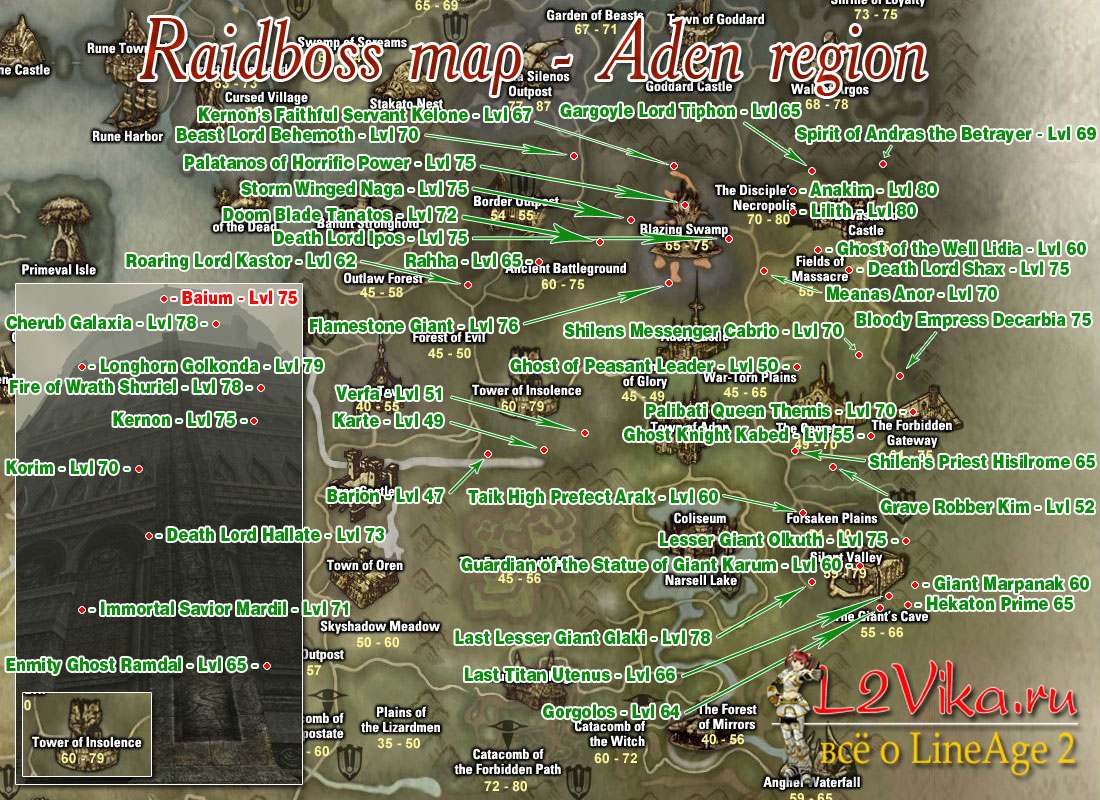 Расположение рейдбоссов на территории Адена - Aden area raidboss map - L2Vika.ru