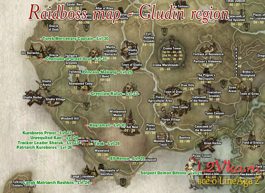 Расположение рейдбоссов на территории Глудина - Gludin area raidboss map - L2Vika.ru