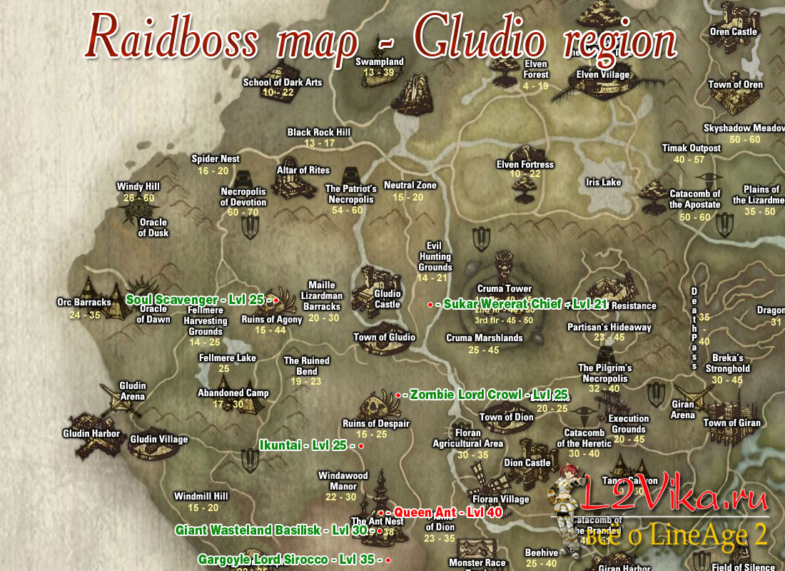 Расположение рейдбоссов на территории Глудио - Gludio area raidboss map - L2Vika.ru