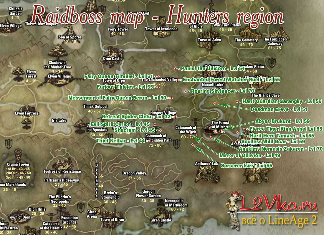 Расположение рейдбоссов на территории деревни Охотников - Hunters Village area raidboss map - L2Vika.ru